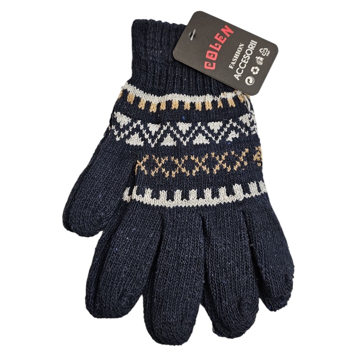 Manusi Barbati Tricot Navy, Pattern Alb–Maro de Iarna, Magic Gloves, Interior Usor Flausat, Marime Universala