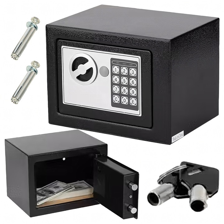Seif Electronic pentru Birou, Casa, Inchidere PIN si Cheie, din Otel Vopsit, Montare Perete/Podea, 17 x 23 x 17 cm. Negru
