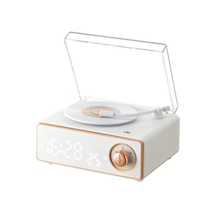 Ceas radio cu alarmă și boxă Bluetooth ORBER, design vintage, sunet 360, culoare alb, dimensiuni compacte