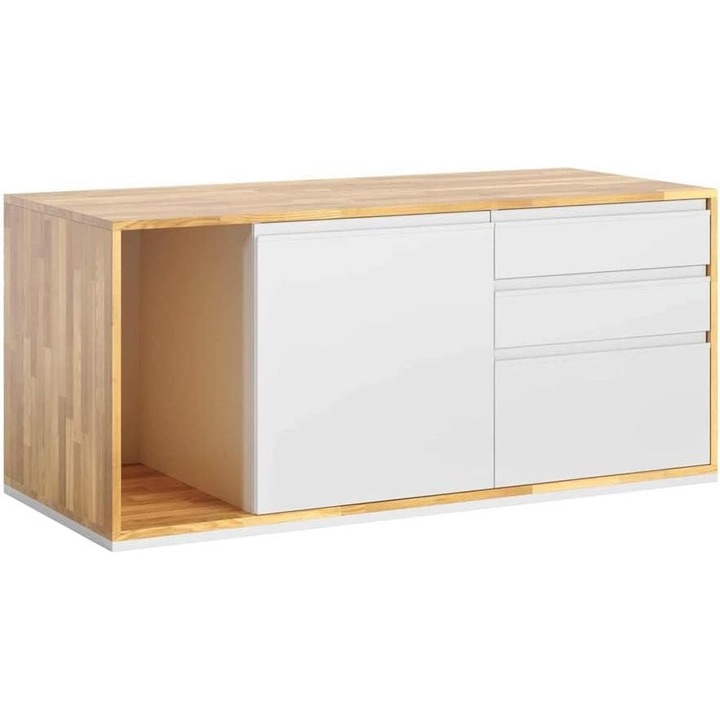 Container birou cu 3 sertare, lemn de stejar, dreapta, alb, pentru documente si accesorii, 50 x 140 x 60 cm, DEERHORN