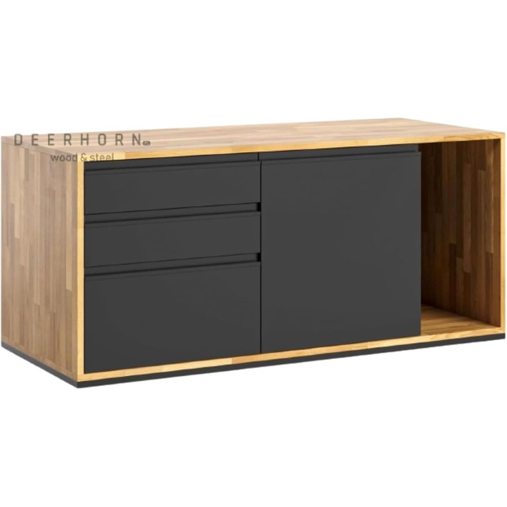 Container birou cu 3 sertare, lemn de stejar, stanga, negru, pentru documente si accesorii, 50 x 140 x 60 cm, DEERHORN