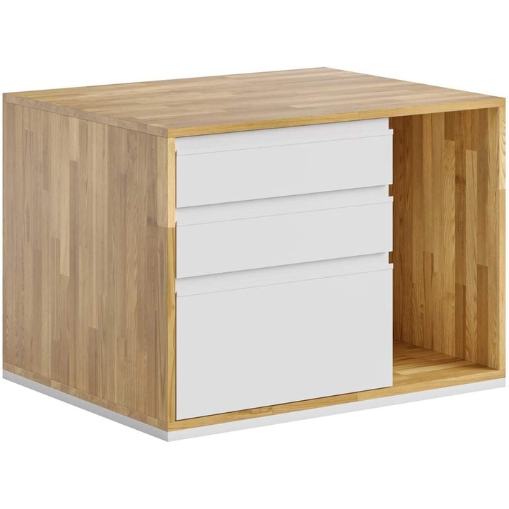 Container birou cu 3 sertare, din lemn de stejar, stanga, maro-alb, pentru documente si accesorii, 65x60x70 cm, DEERHORN