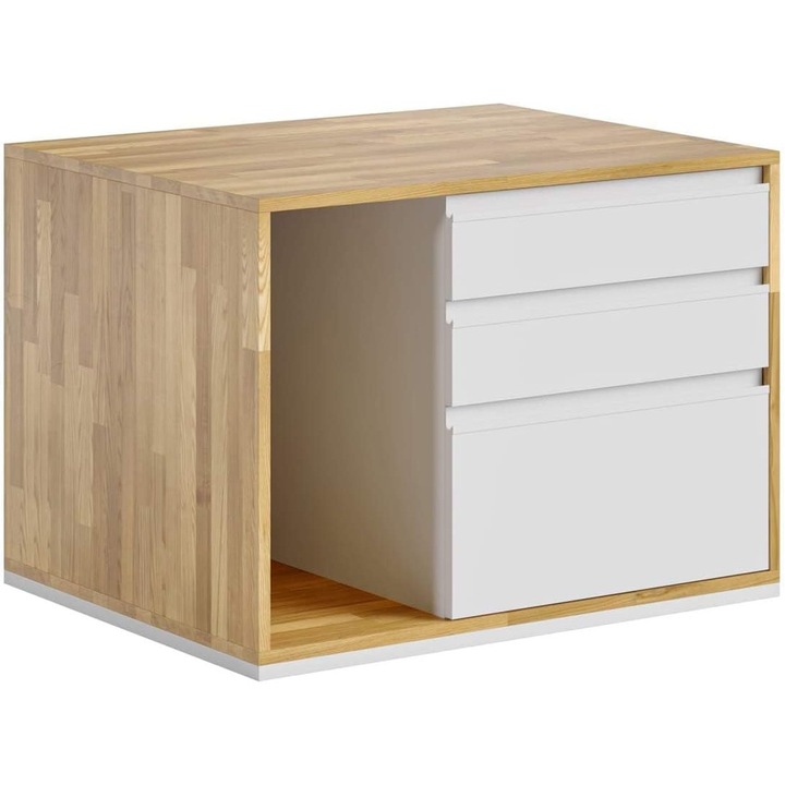 Container birou cu 3 sertare, din lemn de stejar, dreapta, maro-alb, pentru documente si accesorii, 65x60x70 cm, DEERHORN