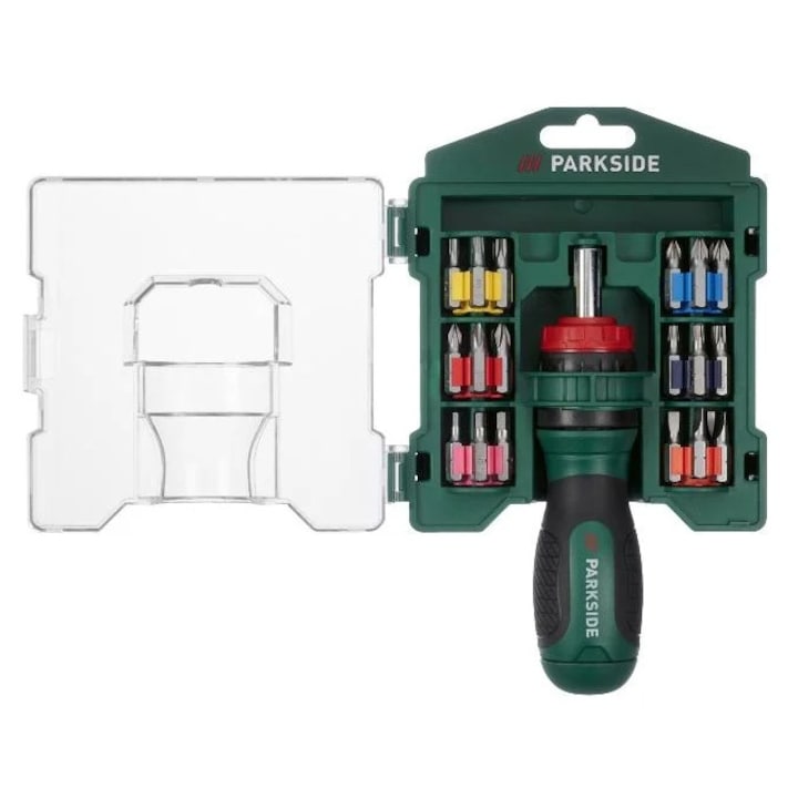 Комплект отвертки с тресчотка Parkside, 31 части, превключващ механизъм, магнитен държач