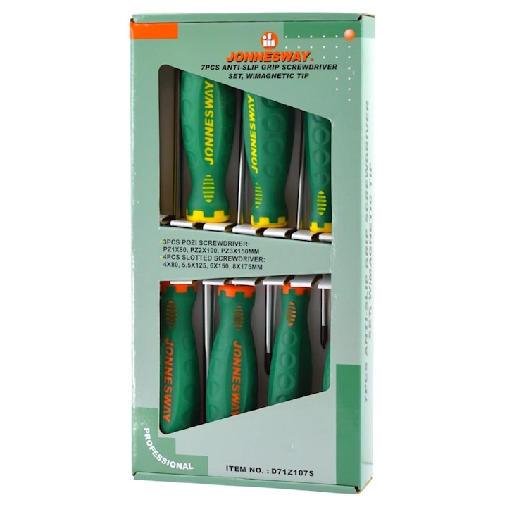 Set 7 surubelnite profesionale Jonnesway Anti-Slip Grip, Cr-V, verde cu insertii galben/portocaliu