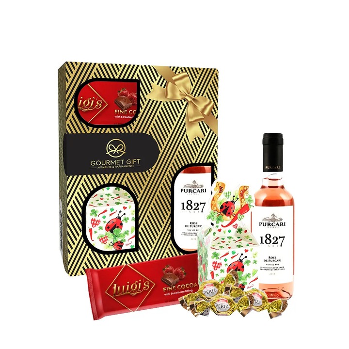 Set cadou GourmetGift, vin rose 0.375l, tableta de cacao cu capsuni 100g, praline de ciocolata 72g, 550g