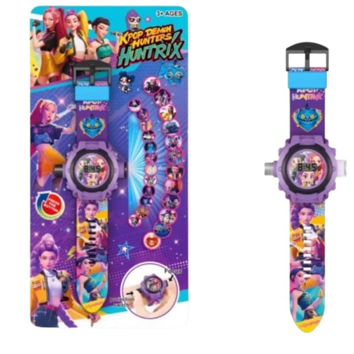 Ceas cu Proiectie personaje K-POP, Jucarie Electronica Luminoasa pentru Copii, electronic, afisaj LCD, curea silicon, 23 cm, 3 ani+