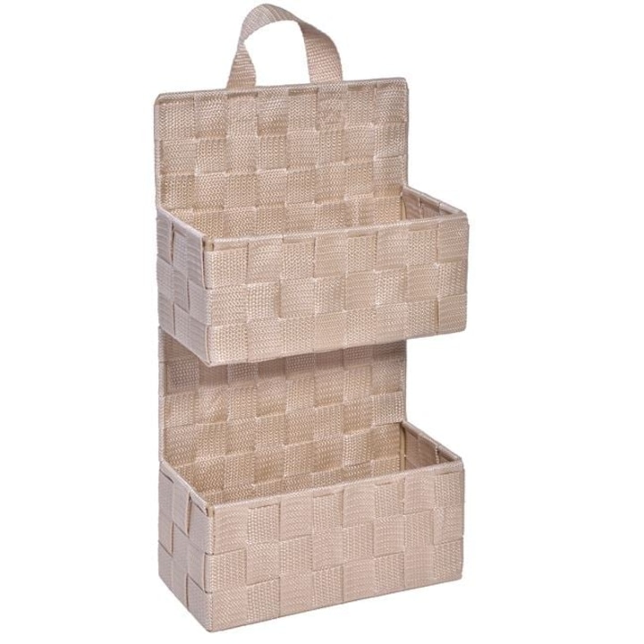 Cos Depozitare Suspendabil din Ratan Bej cu 2 Nivele Organizator Baie Bucatarie Hol 21x9x37cm