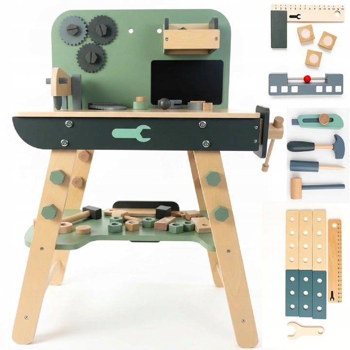 Banc de Lucru din Lemn Mibbi cu 25+ Accesorii, Stil Montessori, 86x56x31cm, Culoare Neutra, 3 ani+