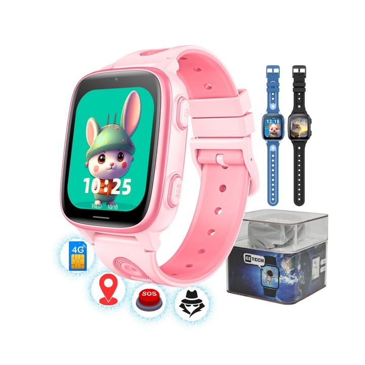 Smartwatch Copii 4G Cartela SIM, Localizare GPS, Buton SOS, Monitorizare Audio-Foto si Control Parental, Android & iOS - GITECH® G23 Roz
