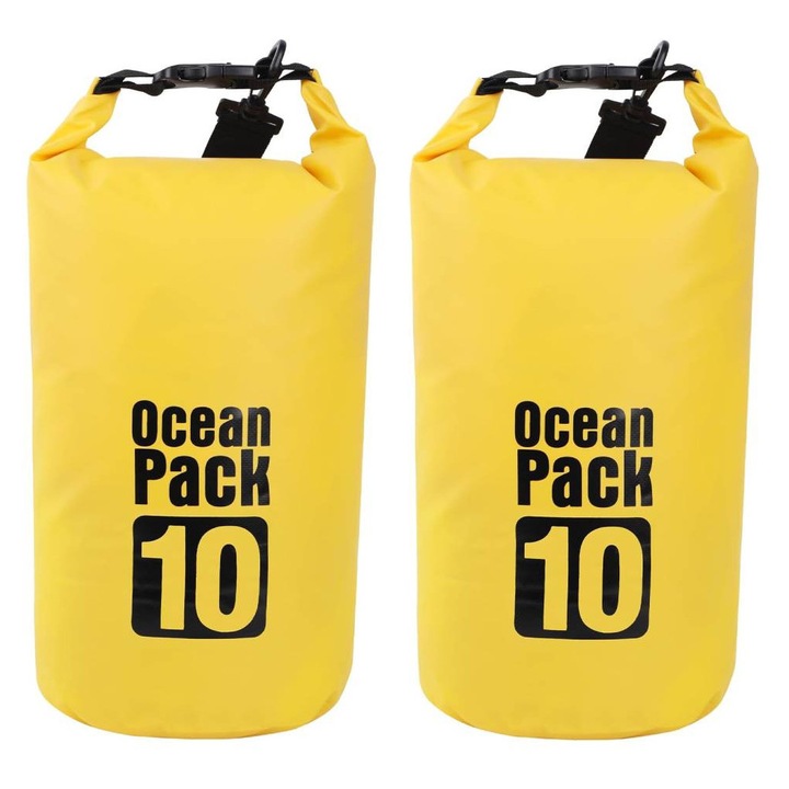 Vízálló táska, 10 L, 2 darabos szett, YSBER®, Dry-Bag Tsunami, szoros roll-top záródás, Válltáska, PVC, alkalmas strandra, túrázáshoz, kerékpározáshoz, utazáshoz, kempingezéshez, Sárga