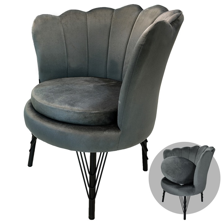 Fotoliu Barcelona, DENVER, catifea gri, perna detasabila, picioare negre, 71x71x79 cm