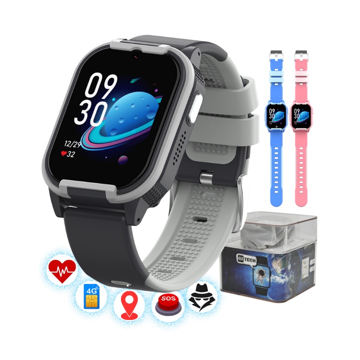 Smartwatch Copii 4G Cartela SIM, Localizare GPS, Buton SOS, Monitorizare Audio-Foto si Control Parental, Android & iOS - GITECH® G24 Negru
