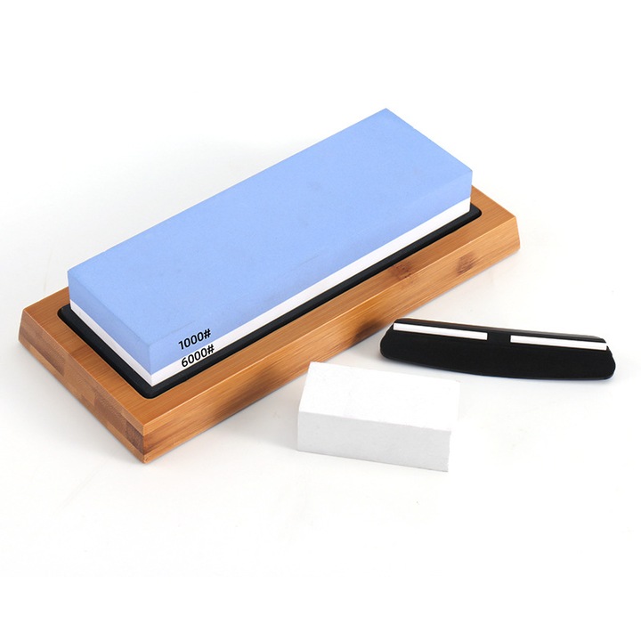 Set de pietre de ascutit Tioialz®, pietre de ascutit cu doua fete pentru cutite de bucatarie, cu granulatie 1000/6000, cu baza din silicon antiderapanta, baza din bambus si ghidaj unghiular