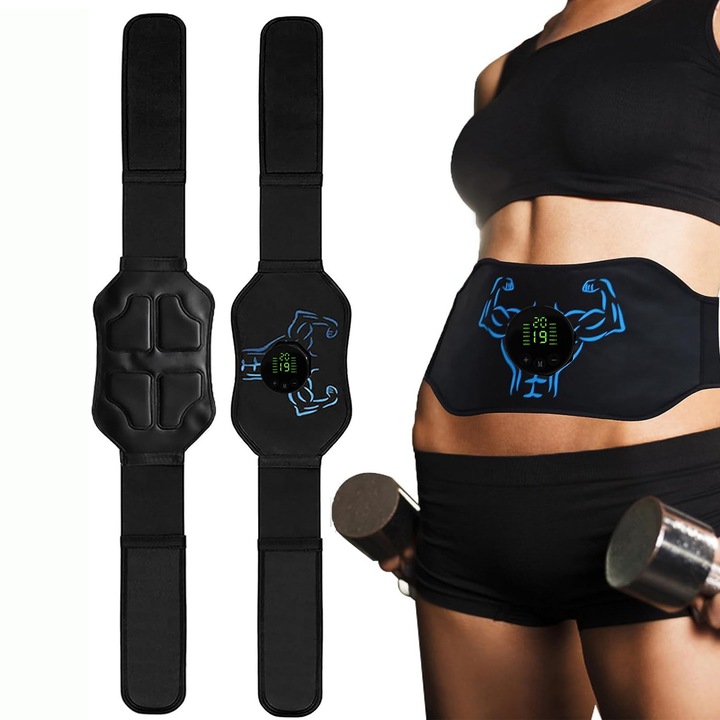 Centura pentru Slabit si Muschi Abdominali FooFoony, Antrenament Suplimentar, umeri si spate, 12 moduri, 19 niveluri intensitate, baterie 120h dupa 20 min incarcare, pentru antrenament acasa sau in sala, Negru