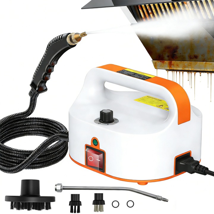 Aparat de curatat cu abur portabil, YOUKUKE®, 2500W, 4.5 Bar, Incalzire rapida 15 sec, Design fara rezervor, Furtun transparent de 47 de inci, Controlul umiditatii aburului pe 6 niveluri, pentru casa, masina, mobila, plosnite, canapea, chit si gresie