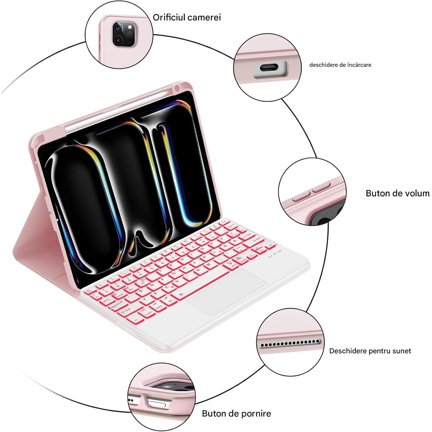 Husa compatibila cu iPad Pro 11 inch M4 2024, 5th Generation, Magnetic Removable Bluetooth 7-Color Lighting