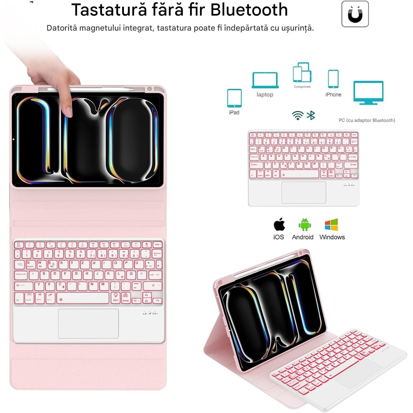 Husa compatibila cu iPad Pro 11 inch M4 2024, 5th Generation, Magnetic Removable Bluetooth 7-Color Lighting