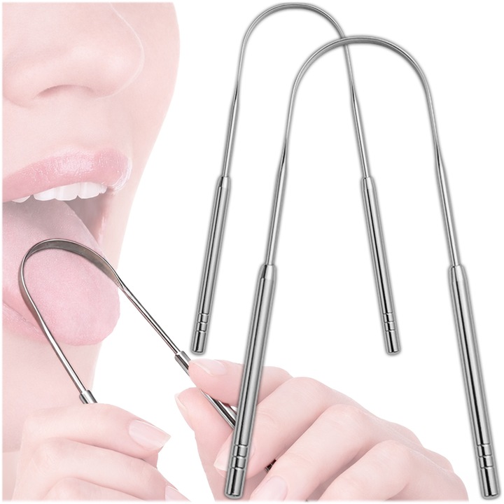 Racleta pentru curatarea limbii Krumad, set 2 bucati, otel inoxidabil 420, ergonomic, neted