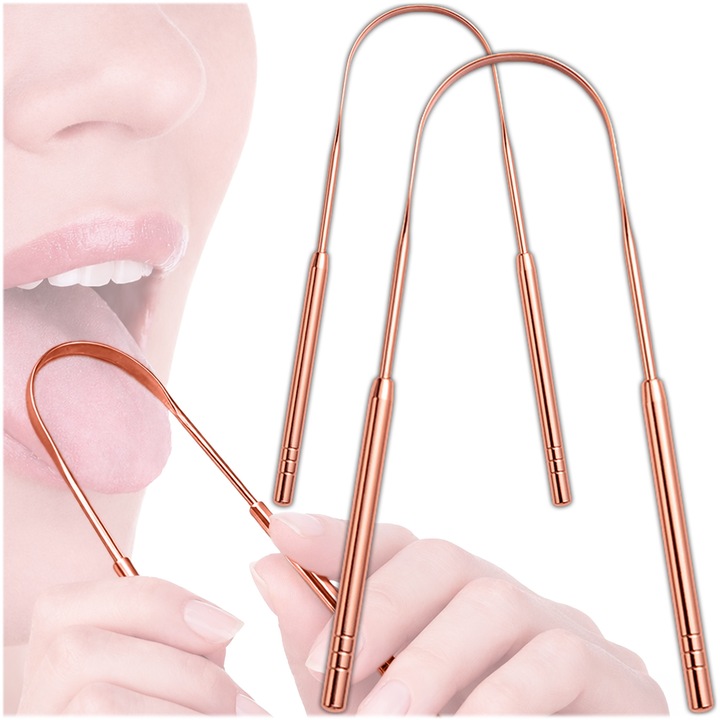 Racletă pentru curățarea limbii Krumad din cupru, set 2 bucăți, design ergonomic, igienă orală