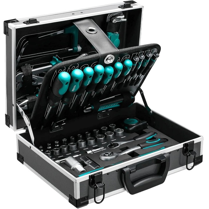 Set de unelte 107 piese, cutie de depozitare rezistenta la socuri, otel aliat