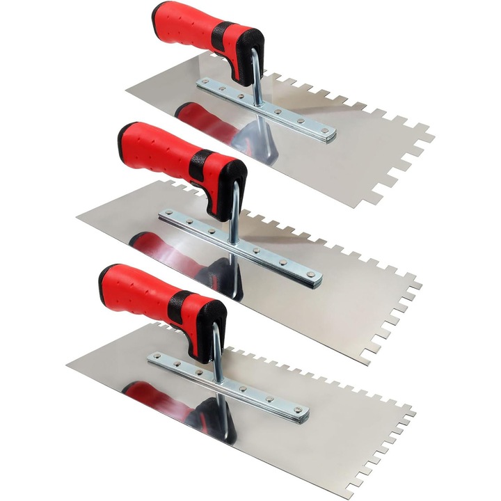 Set 3 Drisca Inox Zimtata 10mm 8mm 6mm, cu Maner plastic, pentru aplicare eficienta a mortarului