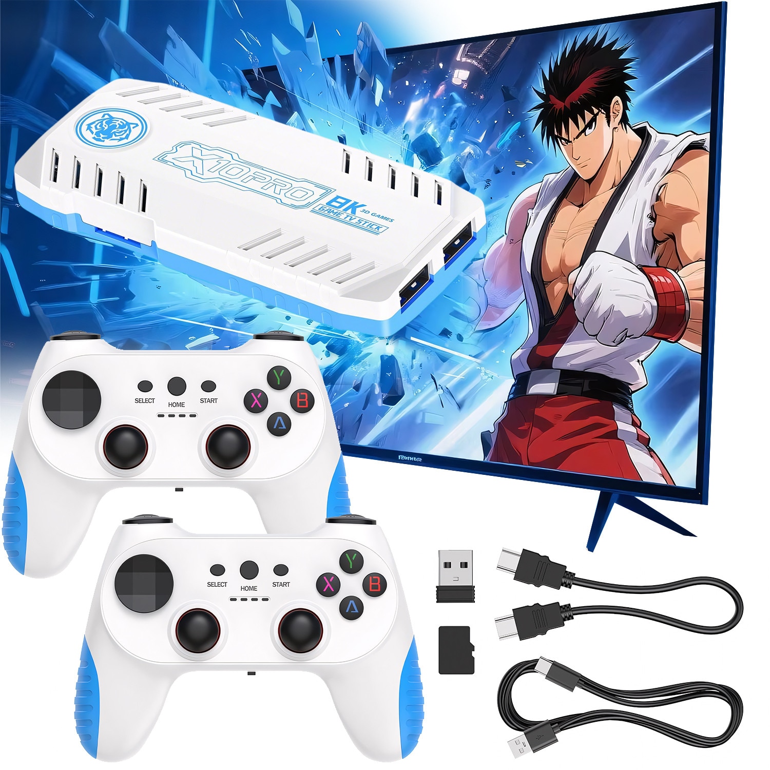 Consola Retro, BYONDSELF®, 128GB, 50000+ de Jocuri, Iesire 4K HDMI, 2 Controlere Wireless 2.4G, Plug si Play, Suport 2 Jucatori, Pentru TV, Proiector, Monitor, Alb/Albastru