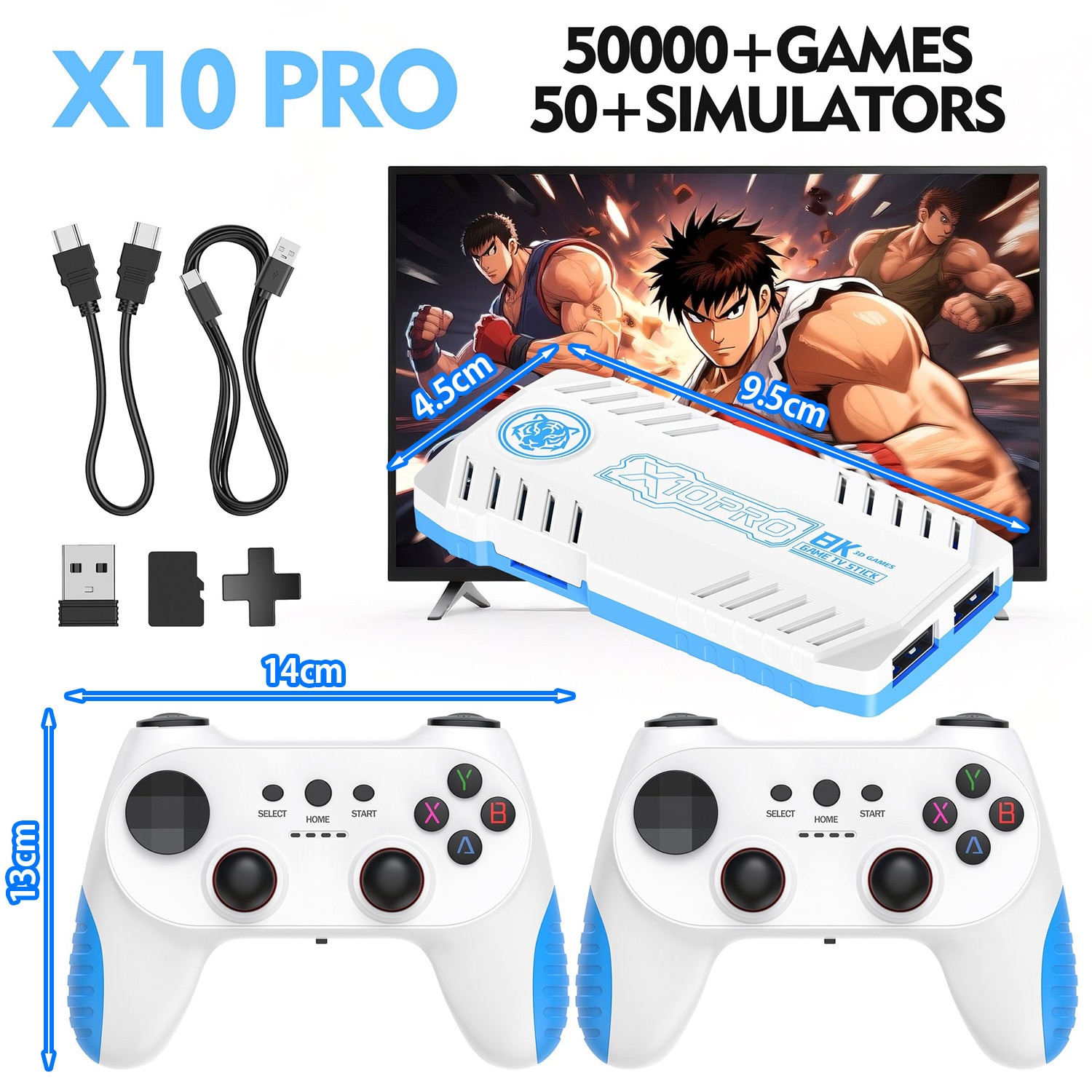 Consola Retro, BYONDSELF®, 128GB, 50000+ de Jocuri, Iesire 4K HDMI, 2 Controlere Wireless 2.4G, Plug si Play, Suport 2 Jucatori, Pentru TV, Proiector, Monitor, Alb/Albastru