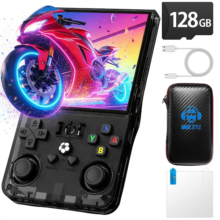 Consola de Jocuri Portabila, BYONDSELF®, Retro, Ecran IPS 4 Inch, 128GB, 22000+ de Jocuri, 720 x 720, 4000mAh, Ecran HD de Inalta Calitate, Doua Joystick-uri, Mufa pentru Casti, Compact, Negru