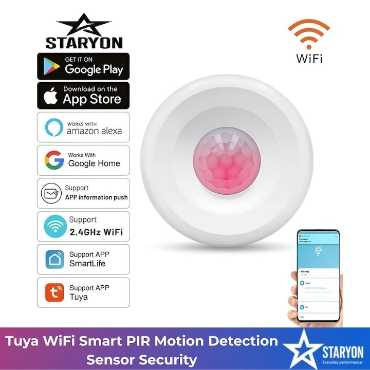 Senzor miscare Tuya WiFi PIR 360° pentru casa. Alarma securitate smart cu detectie miscare 6 m. Notificari instant pe telefon prin aplicatia Smart Life. Control vocal Alexa si Google Home. Functionare pe baterii sau USB. Compatibil retea 2.4G WiFi