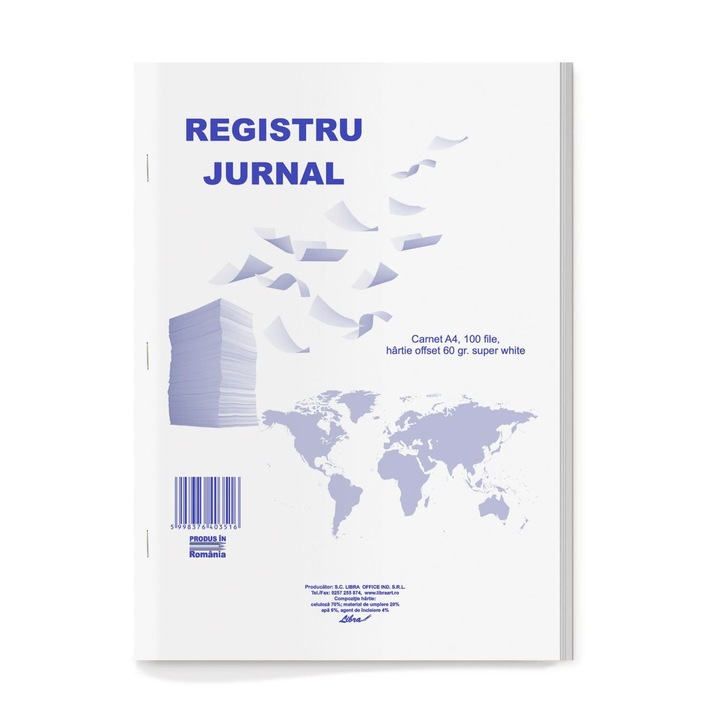 Registru jurnal A4, Libra, 100 file, hârtie offset super white 60g, copertă albă