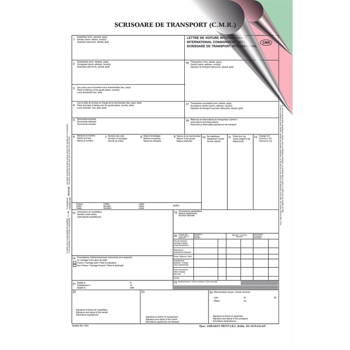 Carnet CMR A4 set de 4, alb-roz-verde, 25 seturi, autocopiativ 56 gr/mp