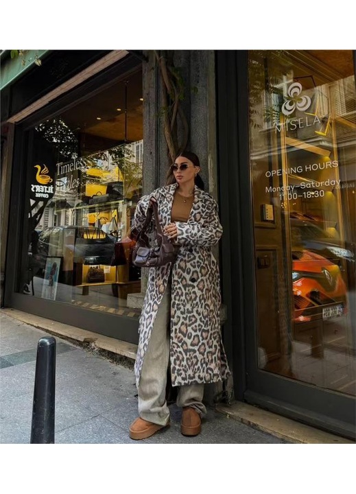 Női Hosszú Kabát Leopárdmintával, Derékkötővel, Többszínű, Többszínű