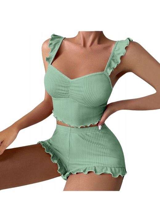 Set Pijama Maiou si Pantaloni Scurti, SNM, Marime Universala M-XL, Material Reiat Elastic, Stil Casual Confortabil cu Volanase Decorative, Verde Inchis, 2 piese