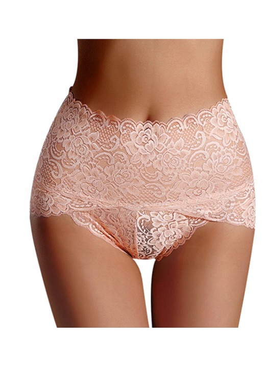 Chiloti Dama cu Talie Inalta, SNM, Marime Universala 36-38, Dantela Elastica, Efect Modelator de Subtiere a Siluetei, Stil Clasic Elegant, Bej