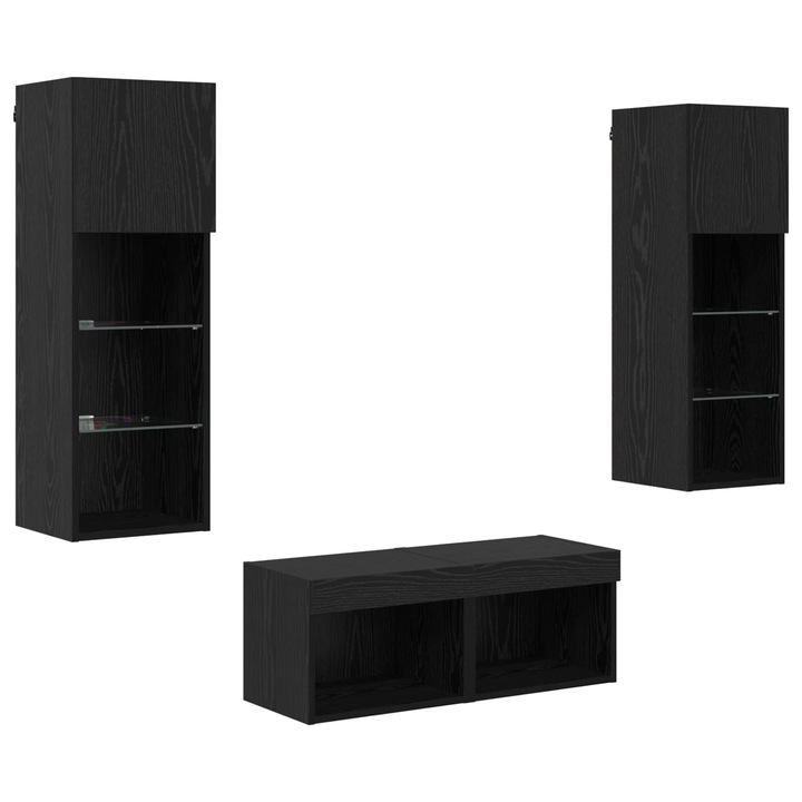 Dulapuri pentru TV Pe perete Set 4 pcs vidaXL Stejar Negru 40x30x30cm, 30.5x30x90cm, cu usi cu balamale si rafturi din sticla
