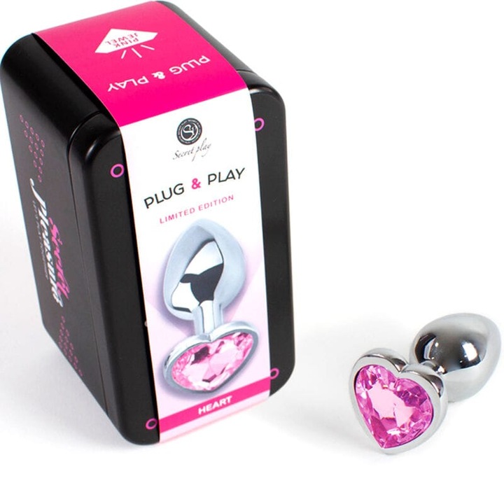 Plug metalic Secret Play, cu cristal in forma de inima, fucsia, marimea S, 7 cm