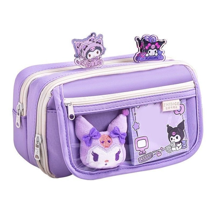 Penar mare YDCY, transparent cu 9 straturi, capacitate mare, violet/negru, 22x13x7.5cm, set cu jucărie de pluș și autocolante