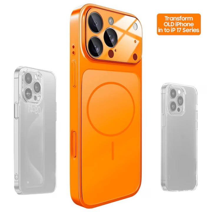 Husa Skin compatibil cu iPhone 16 Pro pentru Transformare in iPhone 17 Pro, GlassLook, compatibil cu MagSafe, Premium, Portocaliu