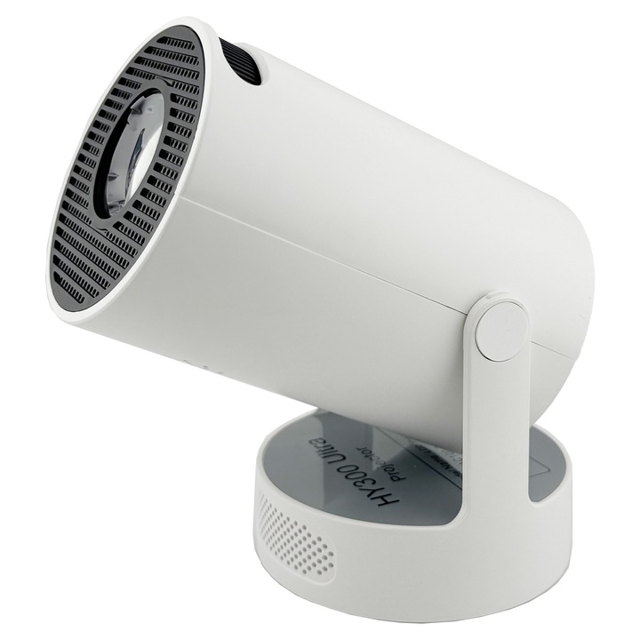 Video Proiector Portabil cilindric HY300ULTRA, Leski, Inteligent, ULTRA HD 4K 1920 x 1080, Wireless, Compatibil cu Android/iOS, DC, 17 x 11 x 9.5 cm, Alb