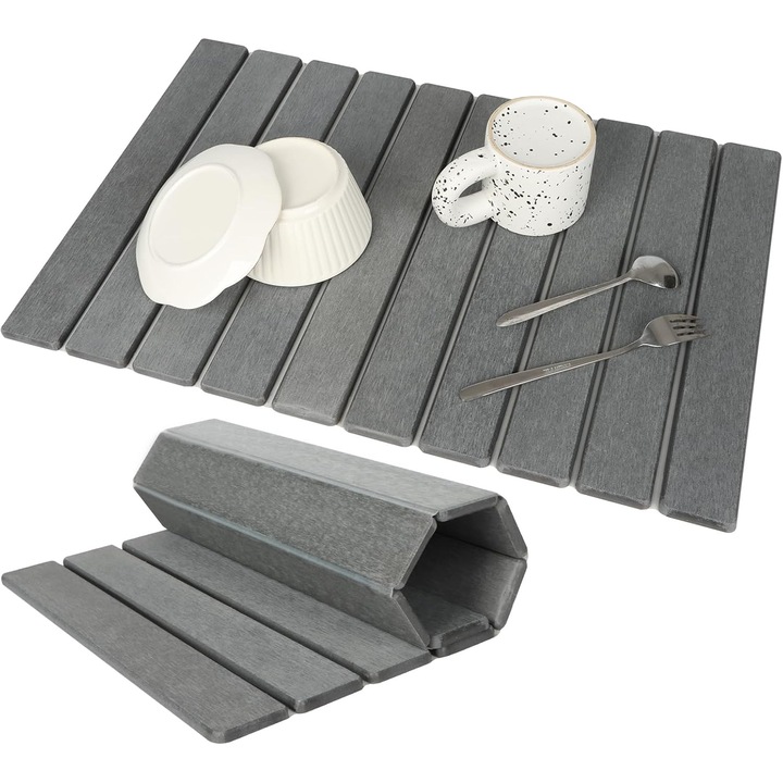 Covoras pentru scurgerea vaselor, Rulabil Si Convenabil De Depozitat, Caneluri De Scurgere, Suport Tacamuri si Pahare, 60x39 CM