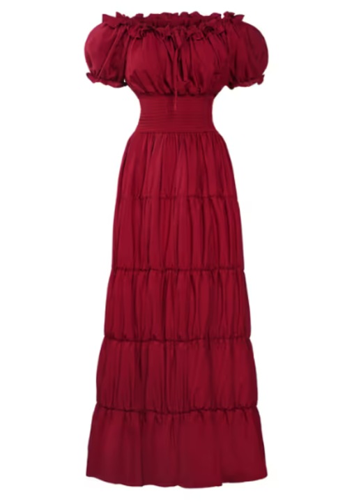 Rochie renascentista dama, tip chemise, stil medieval, maneci bufante, talie marcata, lungime maxi, marimea L, culoare burgundy