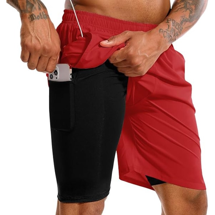 Pantaloni scurti barbati TENJOY, pentru alergare si fitness, cu buzunar telefon, Uscare rapida, Poliester, Rosu, Rosu