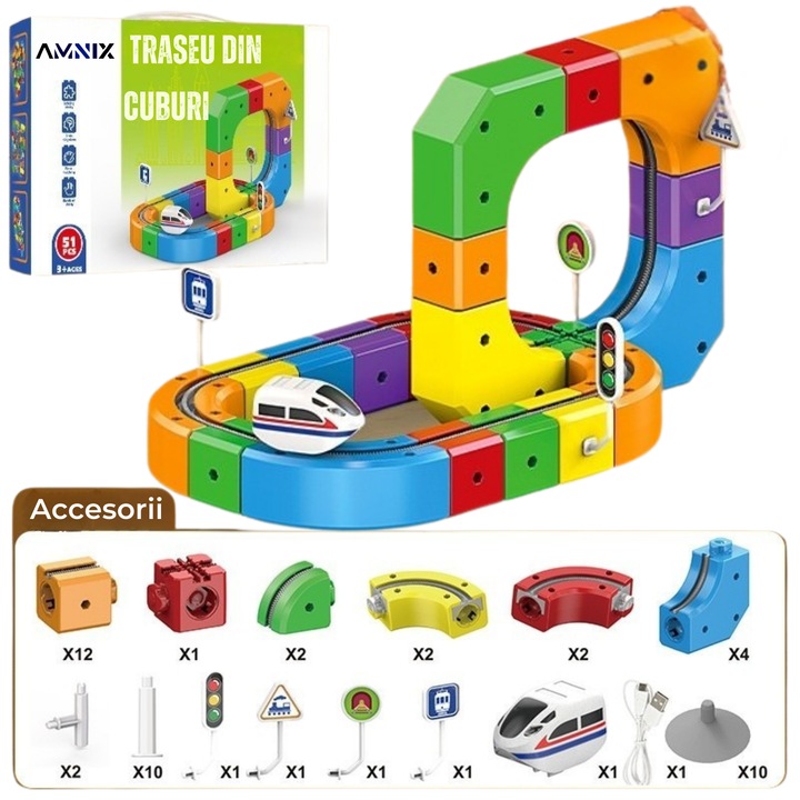 Set Tren cu Traseu 3D Interactiv AMNIX, 51 Piese, Constructie Clip-Fit, Blocuri de Constructie Educative STEM cu Pante, Bucle si Poduri, Jucarie Creativa pentru Copii 3-8 Ani, Cuburi Colorate