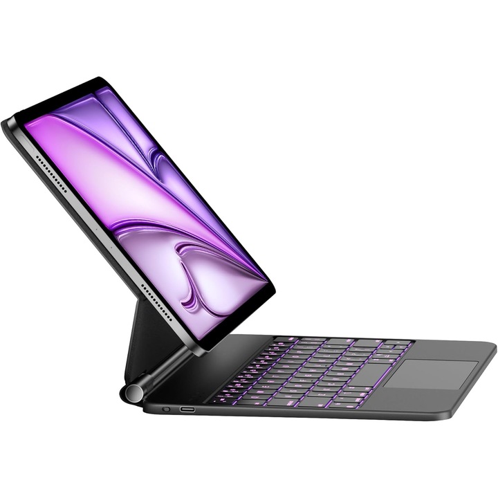 Tastatura cu husa HOU pentru iPad Air 11 inch 2025/2024 si iPad Pro 11 inch, Magic Stand 135°, touchpad multitouch, tastatura iluminata RGB, incarcare USB-C, Negru