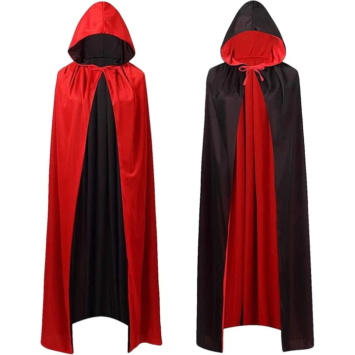 Capa vampir Dotail, reversibila negru/rosu, cu gluga, prindere cu siret, lungime 90 cm, material textil elastic, unisex, costum Halloween/carnaval