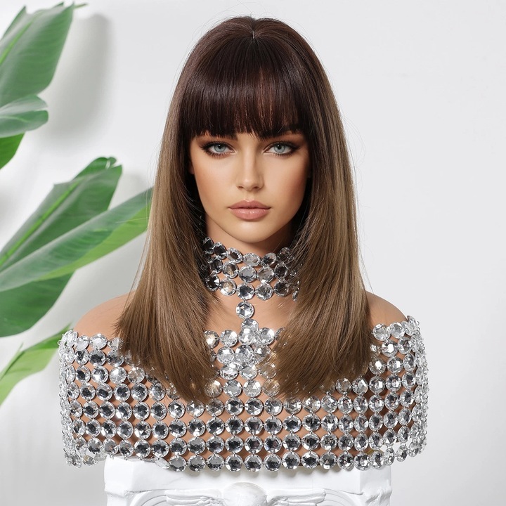 Peruca medie Saten deschis Ombre, fibra sintetica Premium cu aspect natural, par drept, cu breton, 50 cm, Animis Beauty ®