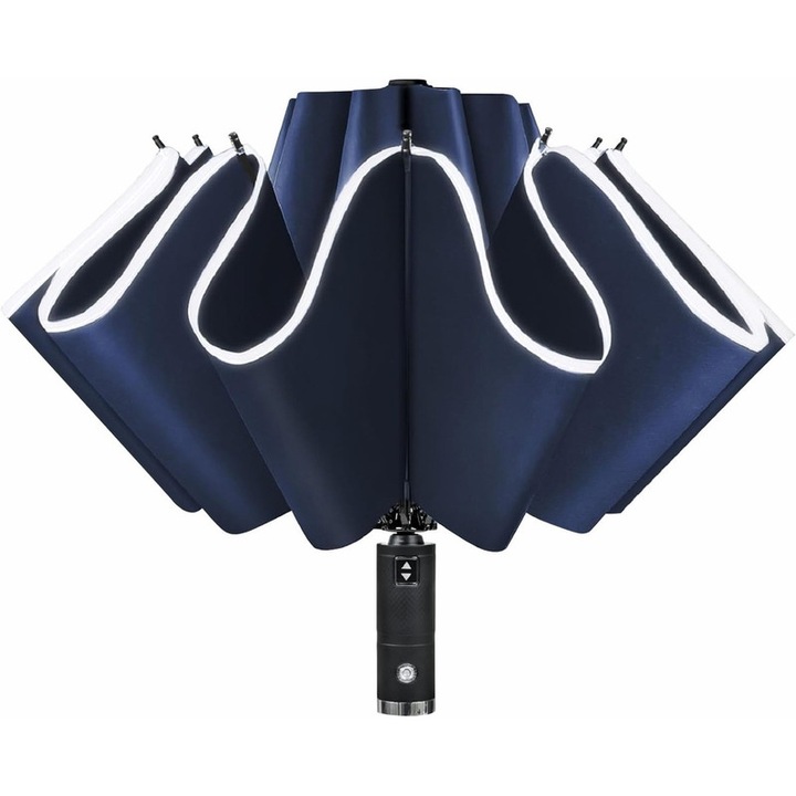 Umbrela reversibila automata Lingo, 10 spite, LED incorporat, margine reflectorizanta, rezistenta la vant, diametru 105 cm, protectie UV UPF50+, strat negru, pentru femei si barbati, albastra