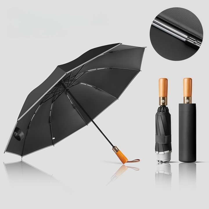 Umbrela de Lux pliabila, XONGSOR®, Umbrela de calatorie inversata, deschidere si inchidere automata cu banda reflectorizanta, suport intarit cu 10 oase, rezistenta la vant si ploaie, acoperita cu vinil pentru protectie solara eficienta, 105 cm, Negru