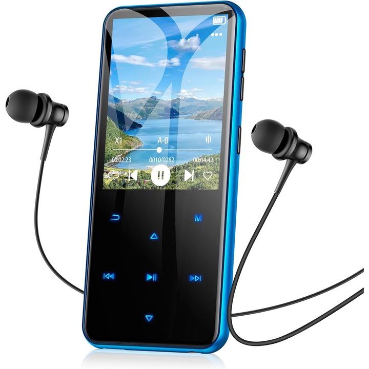 Player MP3 Agptek, 64 GB, Bluetooth 5.3, ecran 2.4 inch, albastru, set cu căști și cablu USB Type C